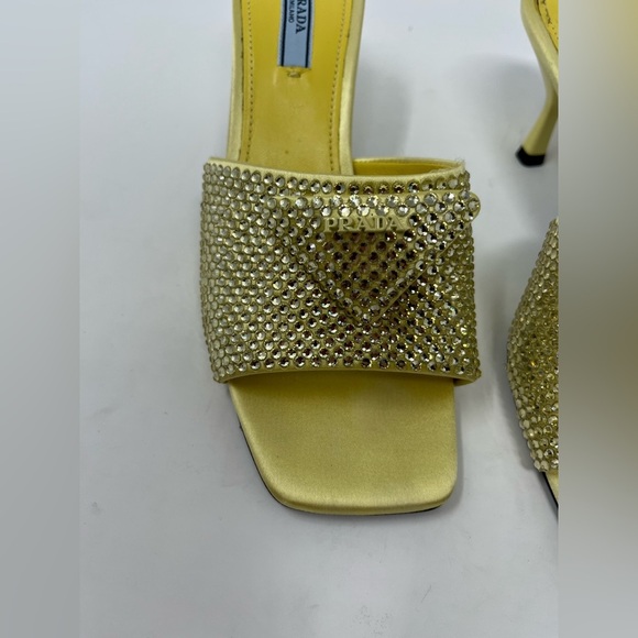 Prada Crystal Embellished Satin Mules Butter Yellow Triangle Logo Open Toe 37.5 - Picture 2 of 8